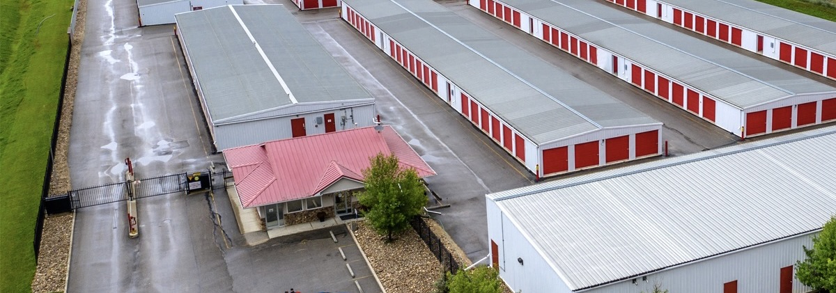 Aerial view of Maxim Storage facility featuring rows of secure, drive-up storage units